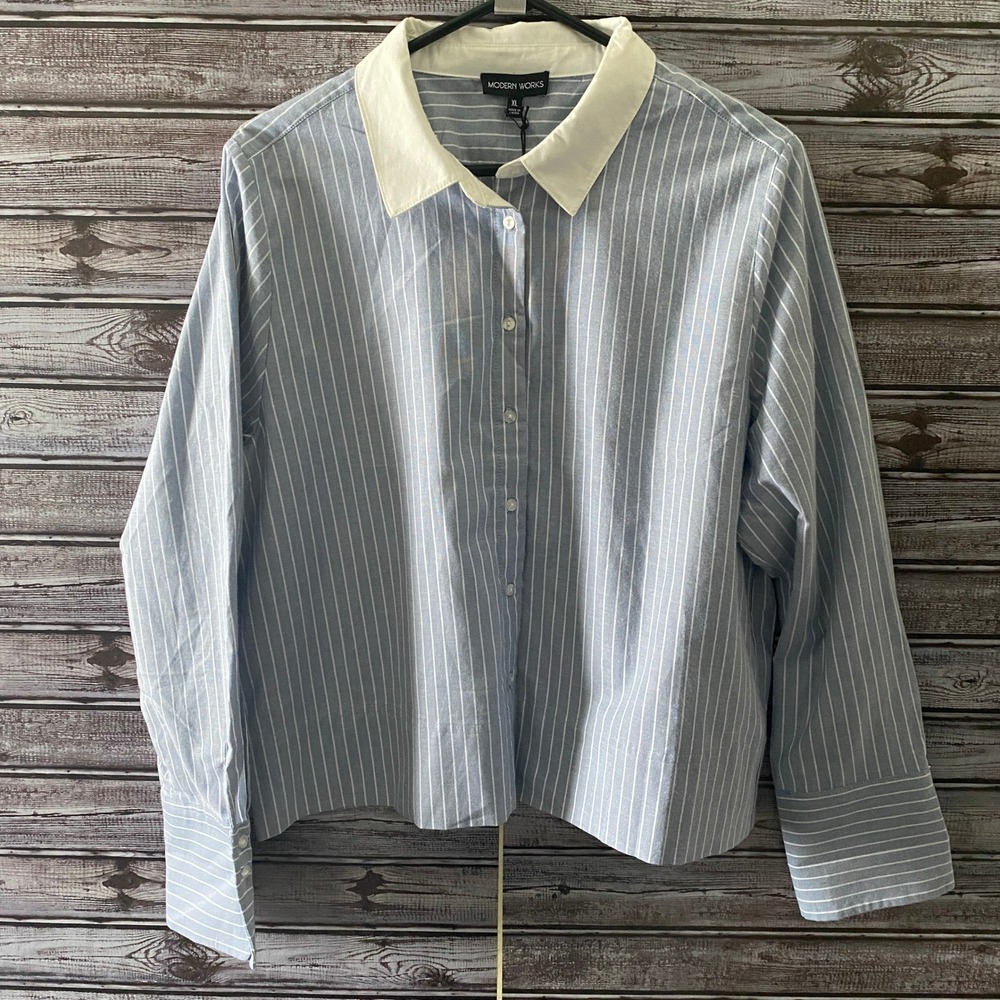 Modern Works Women's Long-Sleeved‎ Button-Down Top Size XL Cropped Striped NWT